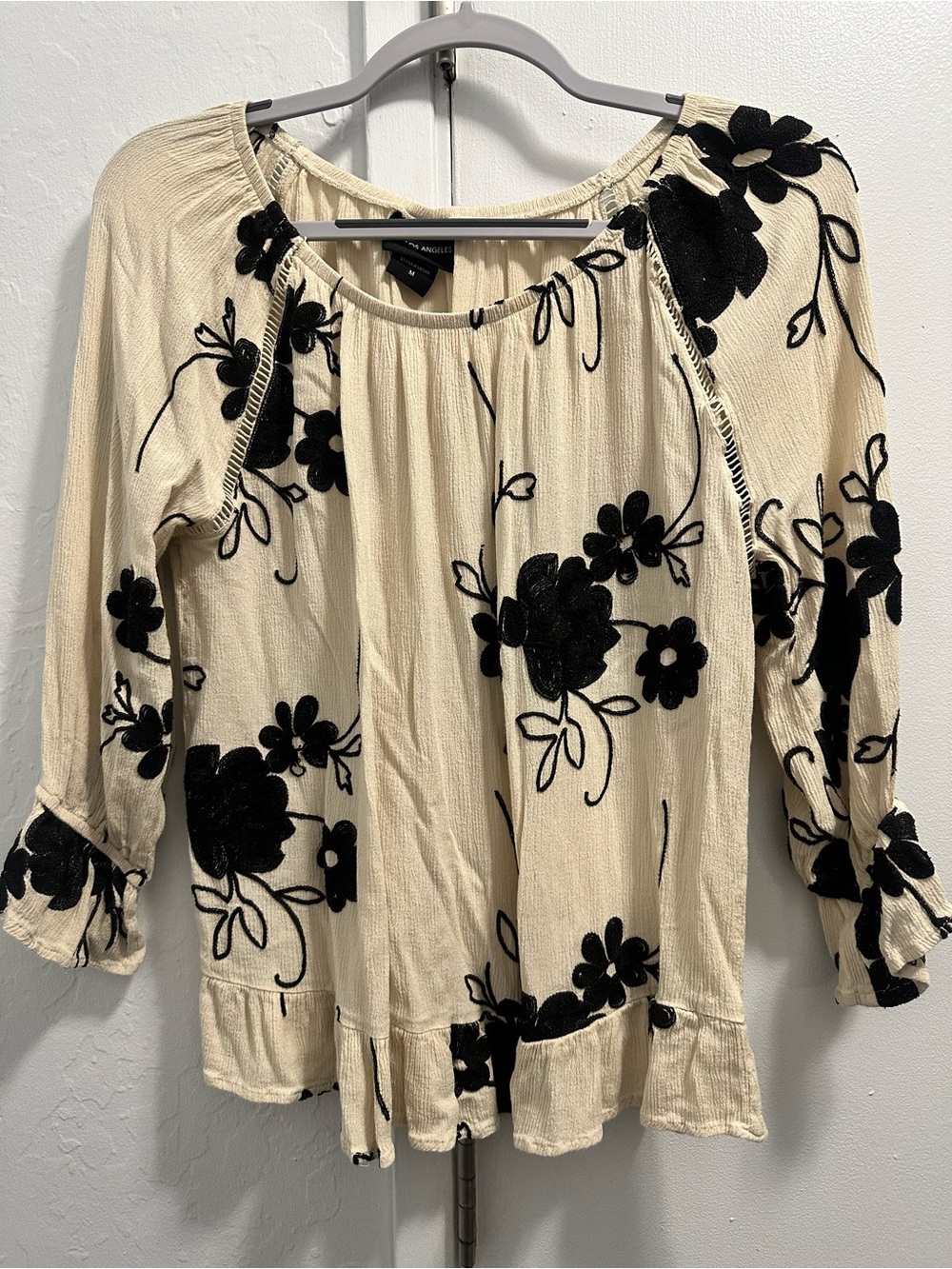 Women's Cream Peasant Blouse with Black Floral Appliqué